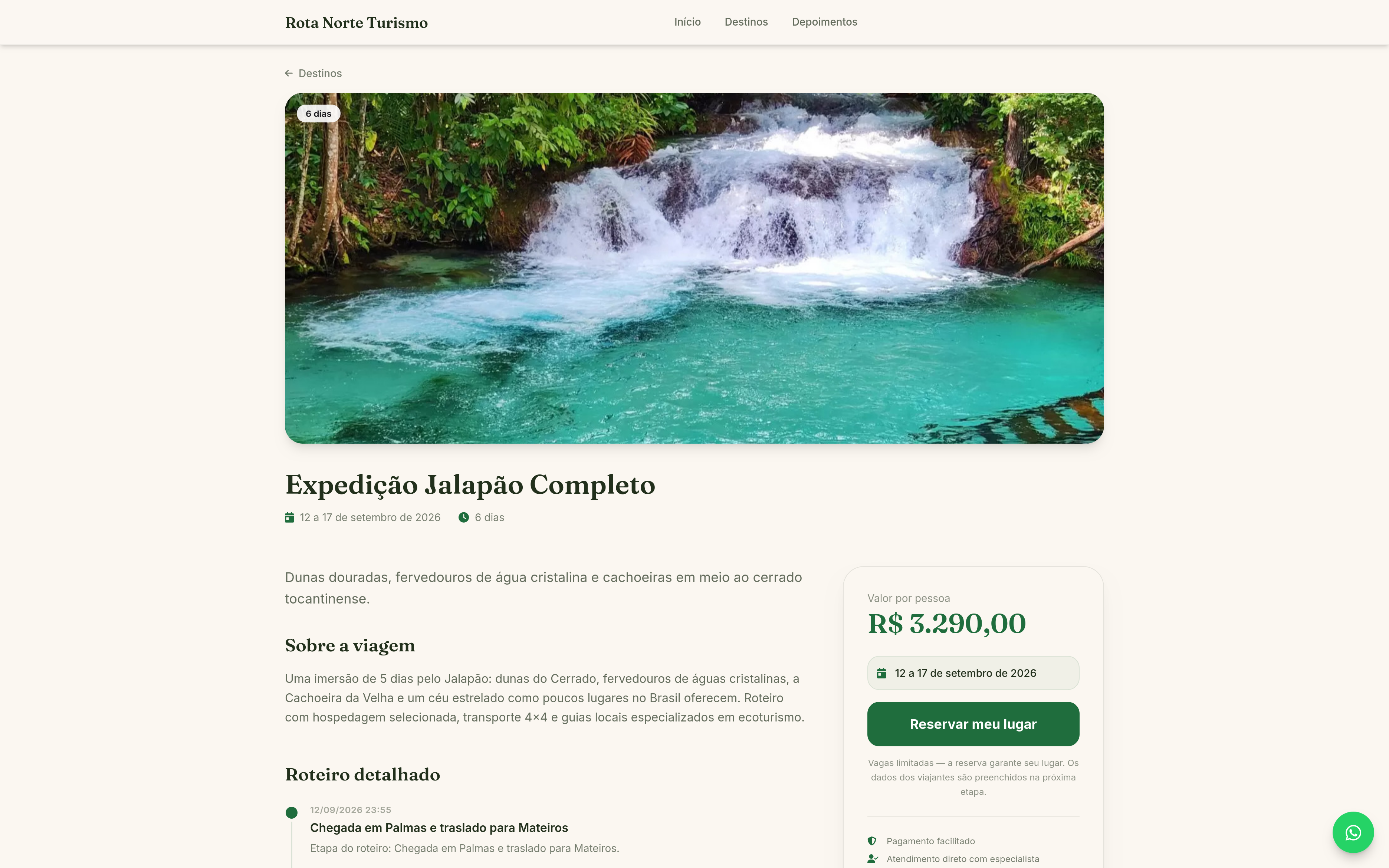 Página de venda de uma viagem na loja online de uma agência que usa a Avoei, com foto de capa, descrição, preço por pessoa, roteiro detalhado e botão de reserva