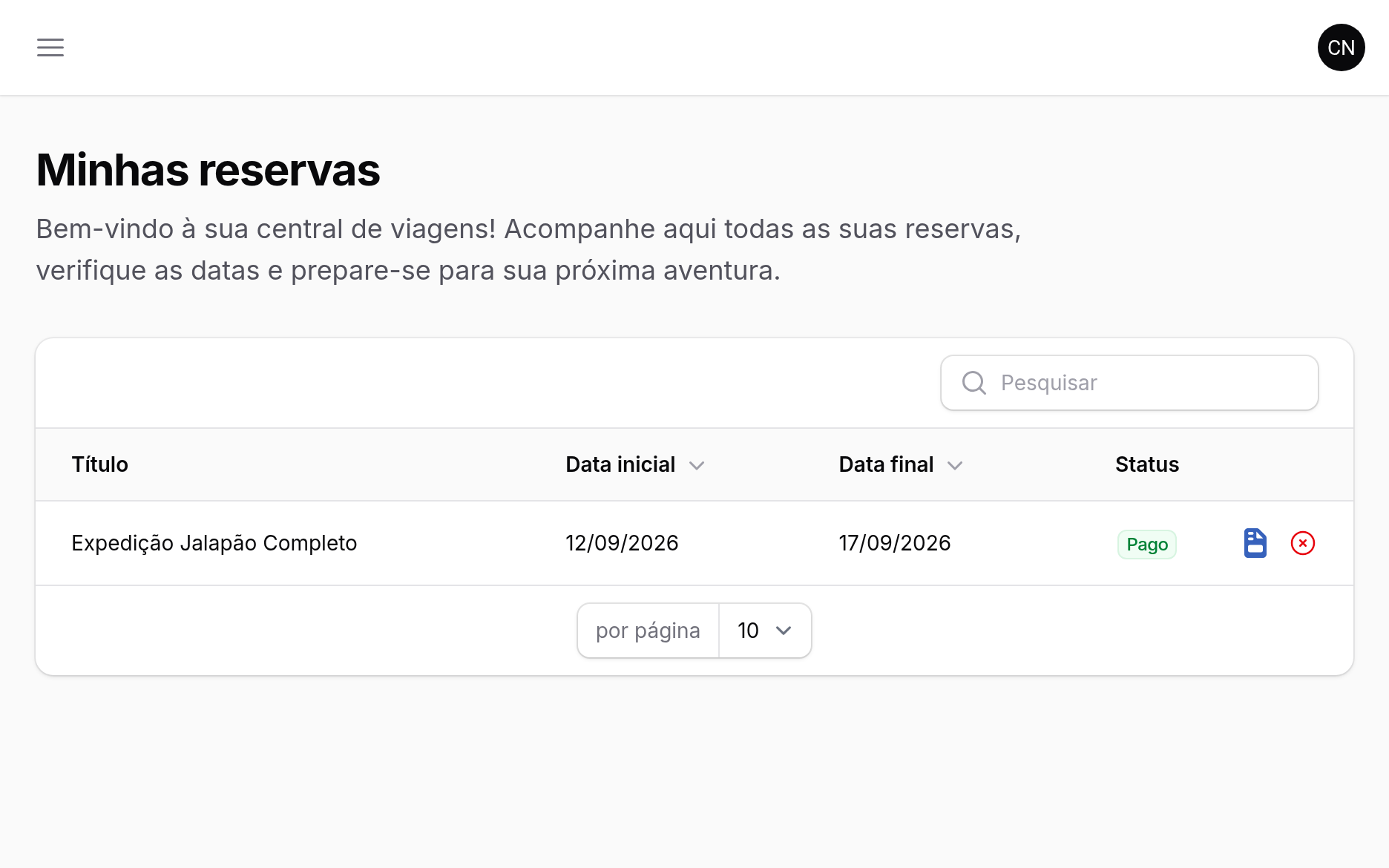 Painel exclusivo do passageiro na Avoei, com a lista de reservas do cliente, período da viagem e status de pagamento de cada uma